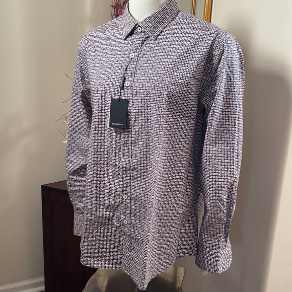 Bugatchi Comfort Stretch Coral/Blue Pattern Shaped Fit Button Down Shirt - Picture 2 of 6